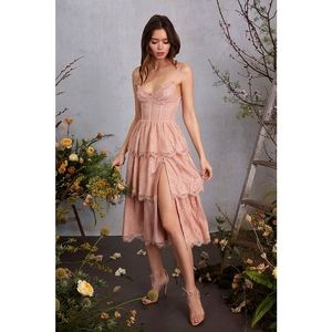 V. Chapman Mia Dusty Rose Tiered Lace Up Corset Fairycore Ballet Midi Dr…